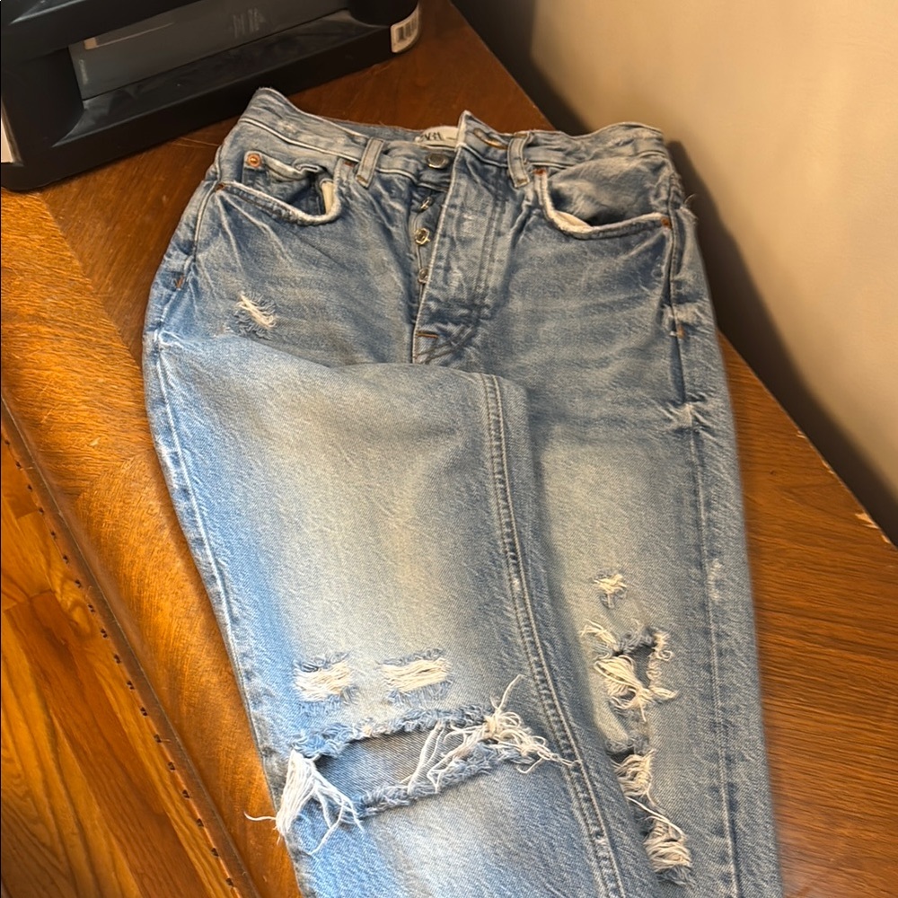 Zara Blue Boyfriend Jeans Distressed Vintage Style - Picture 1 of 1